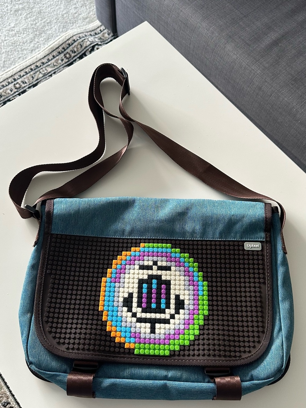Teal Canvas Messenger Bag with Pixel Art Front —